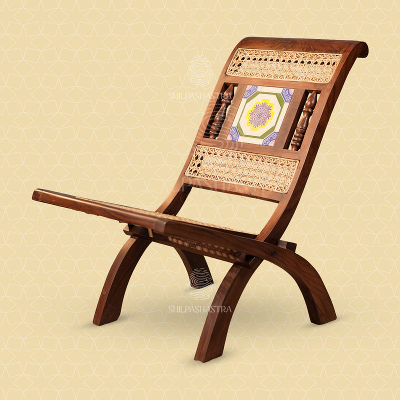 Premium Rosewood Folding Chair with Aathangudi Tile – Handcrafted Chettinad Heritage Wooden Chair