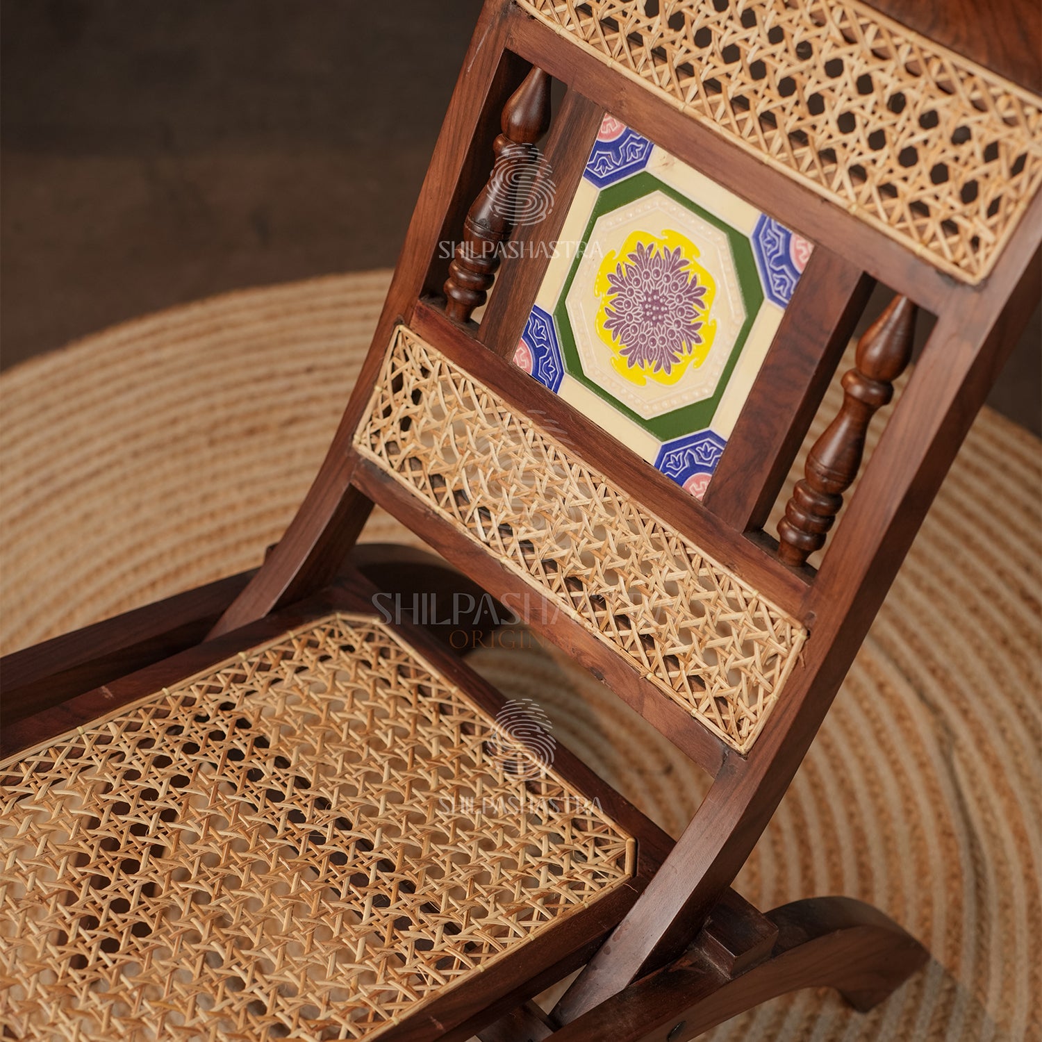 Premium Rosewood Folding Chair with Aathangudi Tile – Handcrafted Chettinad Heritage Wooden Chair