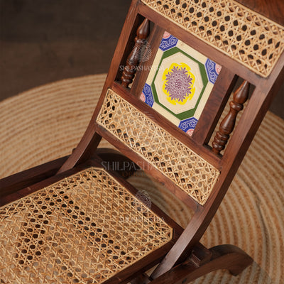 Premium Rosewood Folding Chair with Aathangudi Tile – Handcrafted Chettinad Heritage Wooden Chair