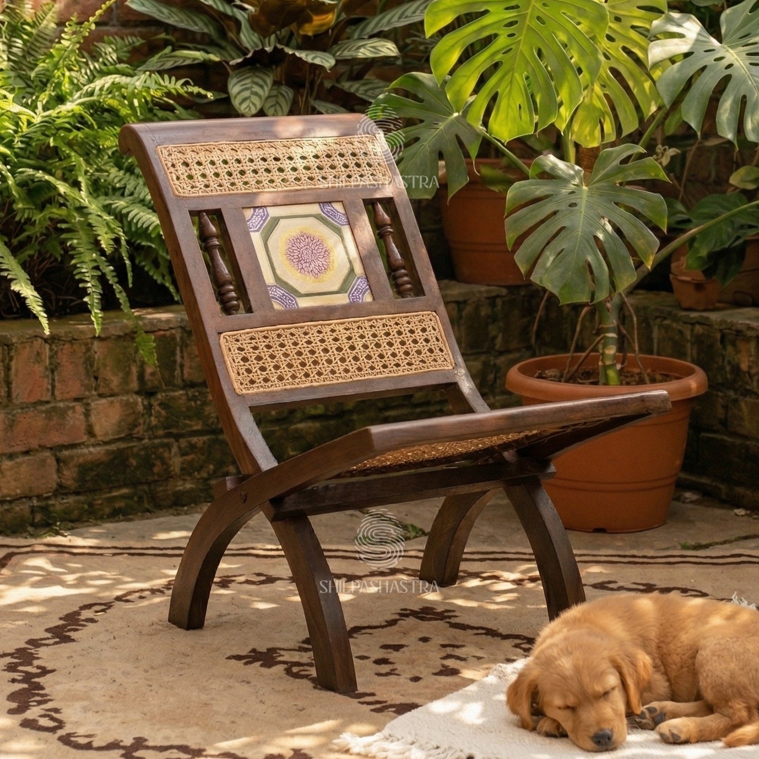 Premium Rosewood Folding Chair with Aathangudi Tile – Handcrafted Chettinad Heritage Wooden Chair
