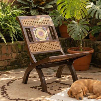 Premium Rosewood Folding Chair with Aathangudi Tile – Handcrafted Chettinad Heritage Wooden Chair