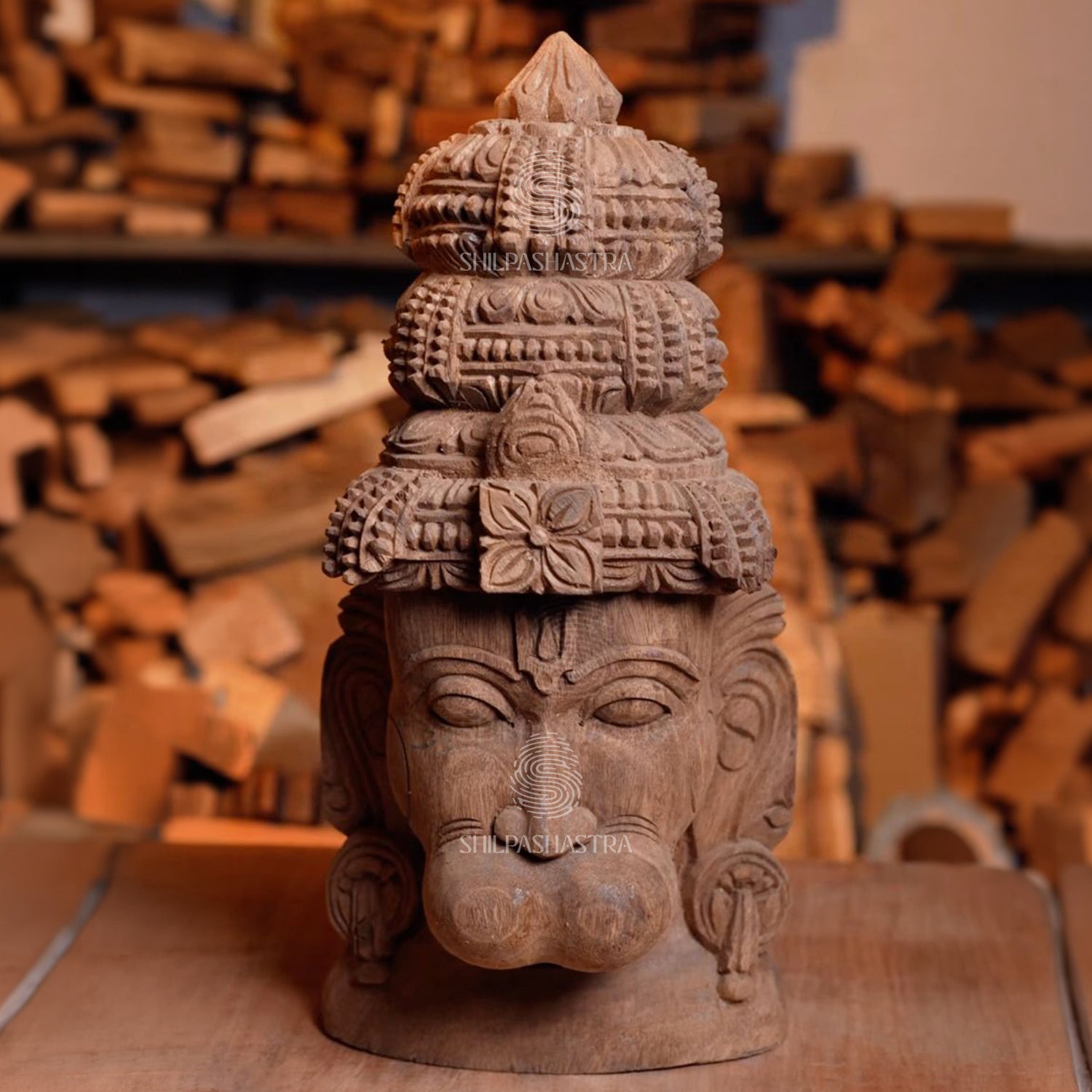 Kanden Seethaiyai (Hanuman Mukha Statue) Handcrafted 18 Inch Hanuman Wood Sculpture – Vaagai Wood Table Mount | Full Round Carving