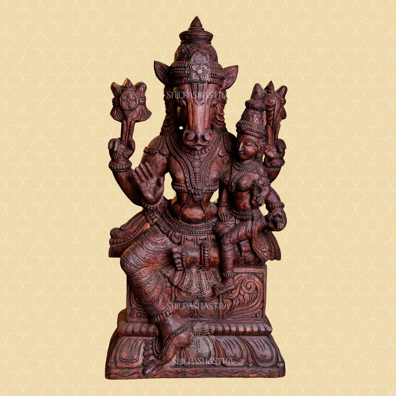 36 Inch Lakshmi Hayagriva Wooden Statue – Hand-Carved Rosewood Finish | Divine Vastu Idol