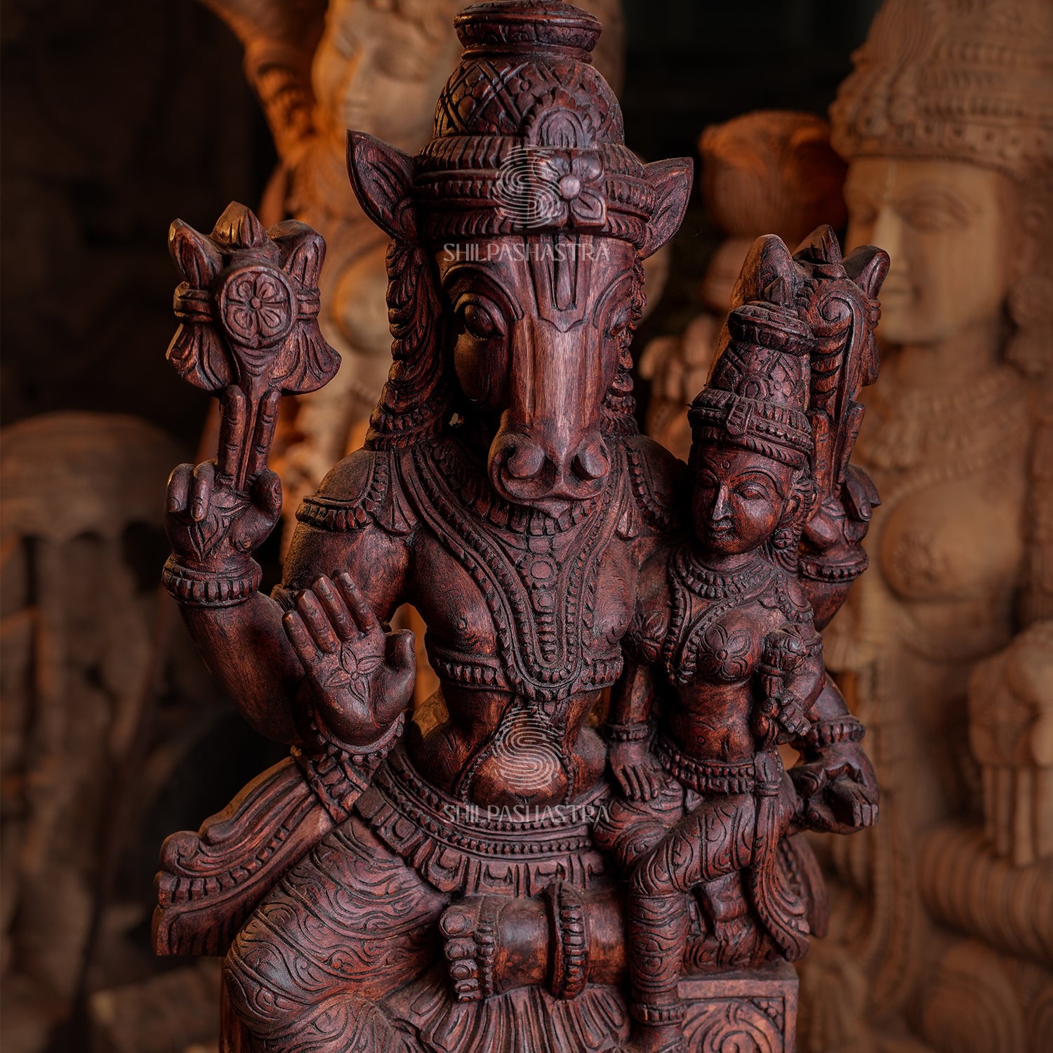 36 Inch Lakshmi Hayagriva Wooden Statue – Hand-Carved Rosewood Finish | Divine Vastu Idol