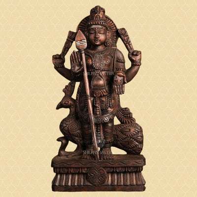 Handcrafted Wooden Lord Murugan Idol with Peacock
