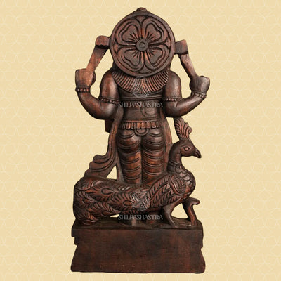 Handcrafted Wooden Lord Murugan Idol with Peacock