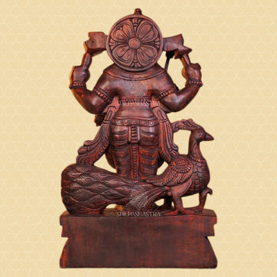 Handcrafted Wooden Lord Murugan Idol with Peacock