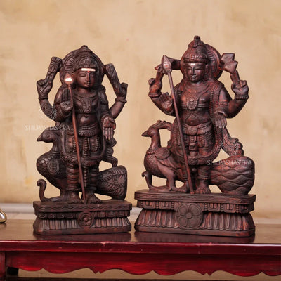 Handcrafted Wooden Lord Murugan Idol with Peacock