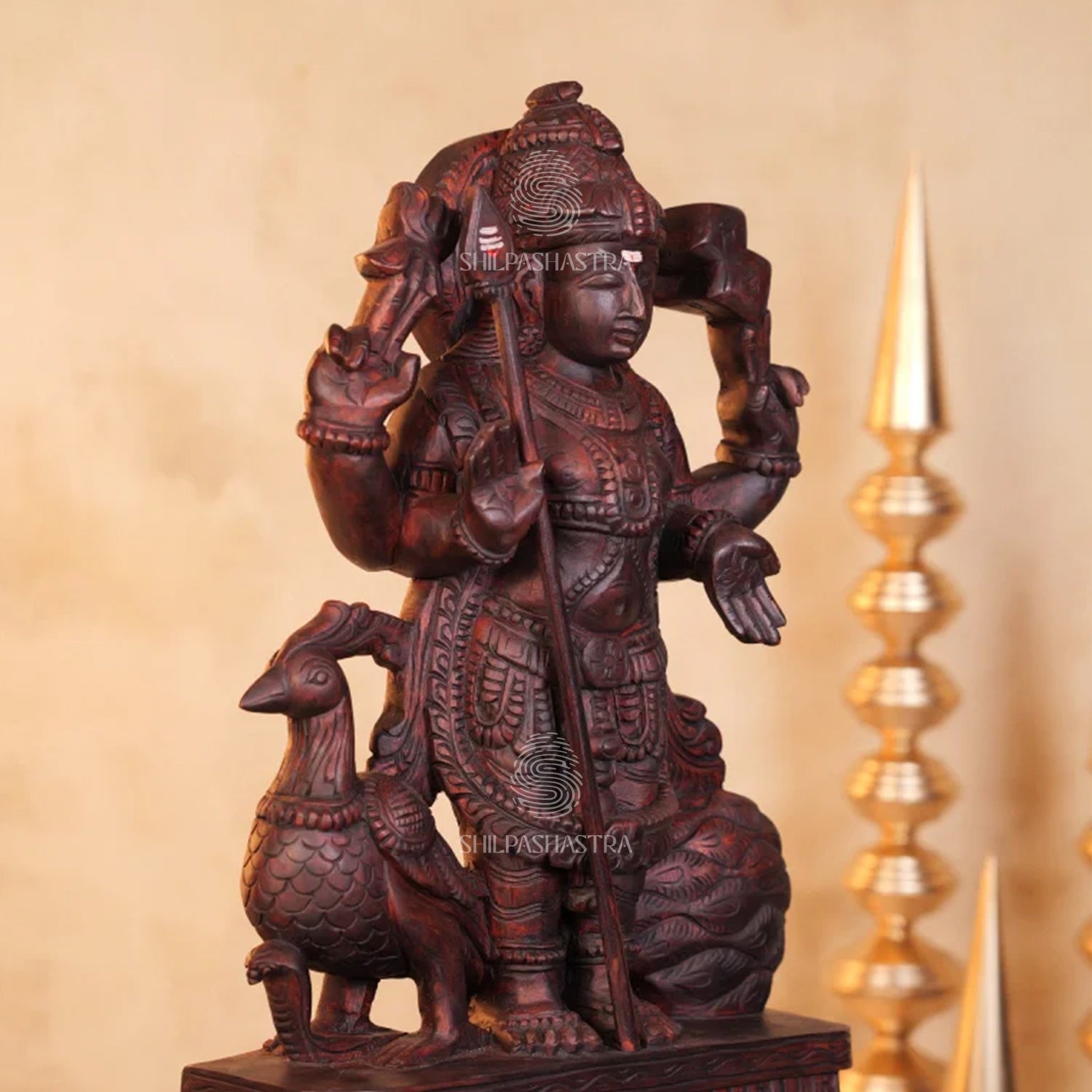 Handcrafted Wooden Lord Murugan Idol with Peacock