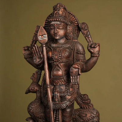 Handcrafted Wooden Lord Murugan Idol with Peacock