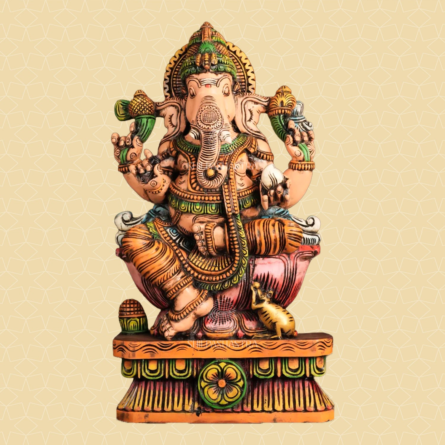 Ganesha on Lotus with Mouse – Hand-Carved Wooden Seated Idol