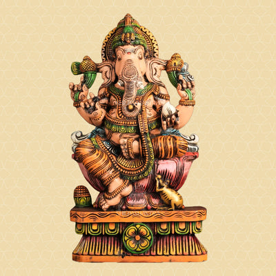 Ganesha on Lotus with Mouse – Hand-Carved Wooden Seated Idol