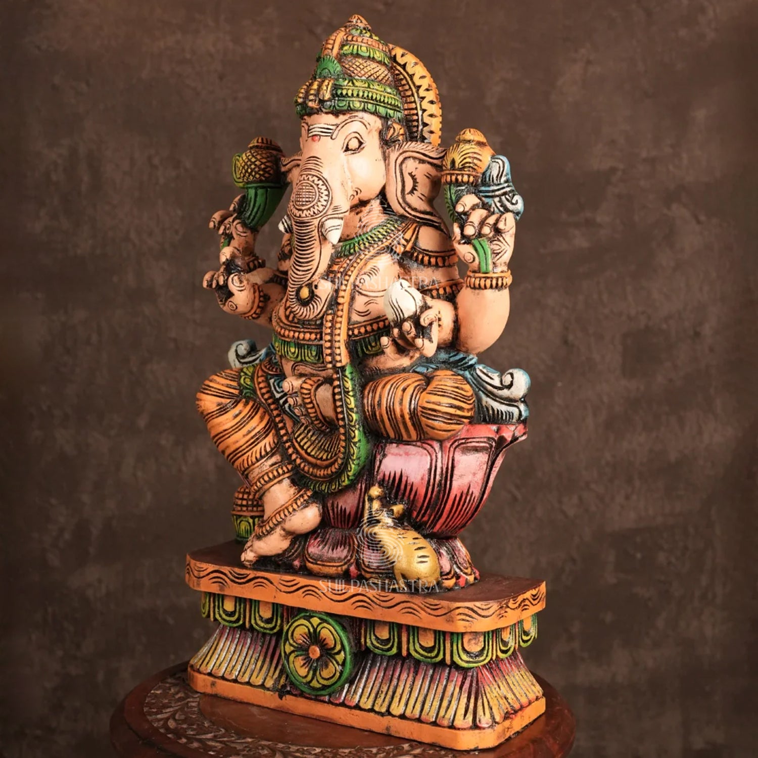 Ganesha on Lotus with Mouse – Hand-Carved Wooden Seated Idol