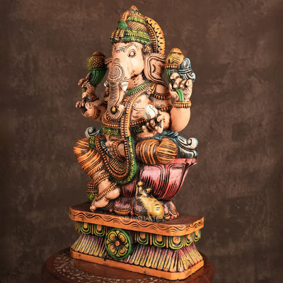 Ganesha on Lotus with Mouse – Hand-Carved Wooden Seated Idol