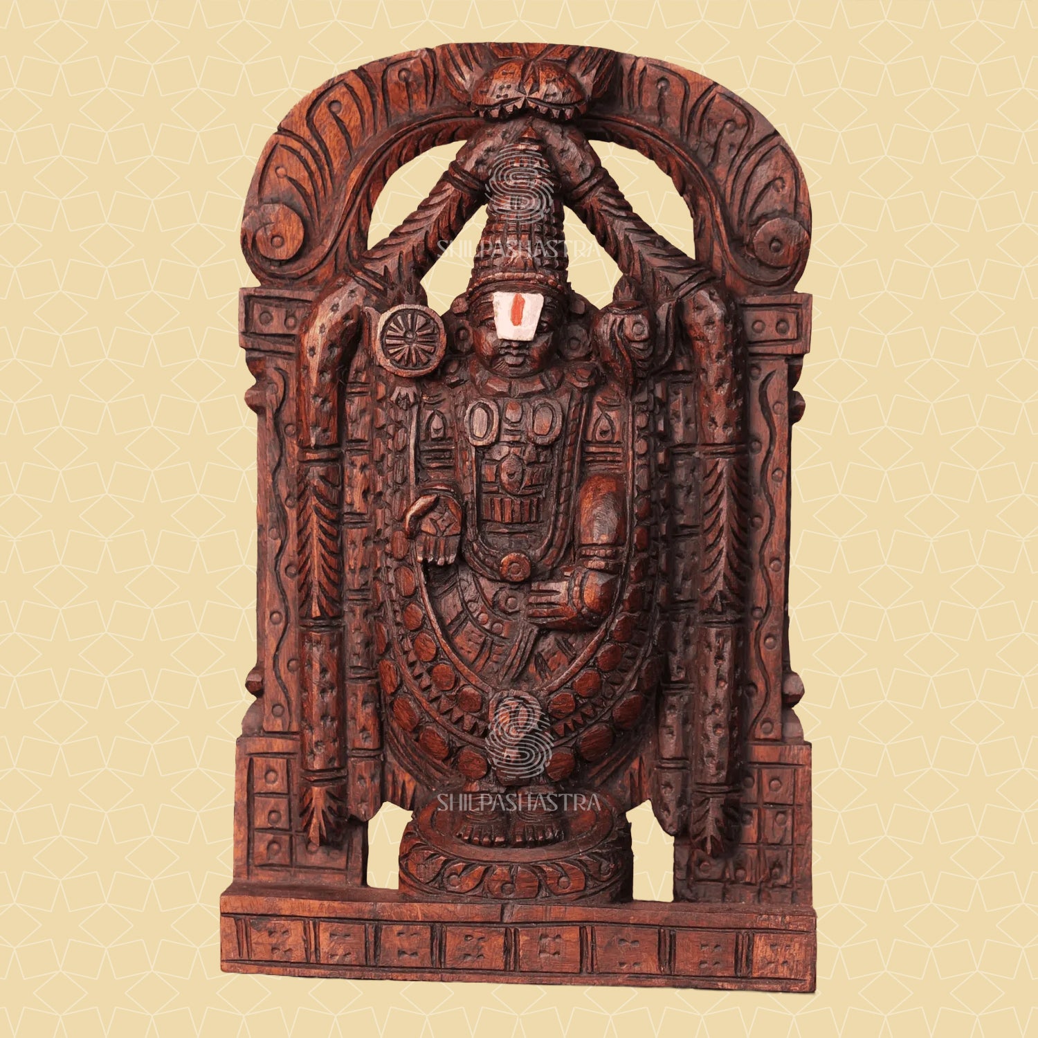 Hand-carved 1 ft wooden Tirupati Balaji statue with rich detailing and a traditional finish