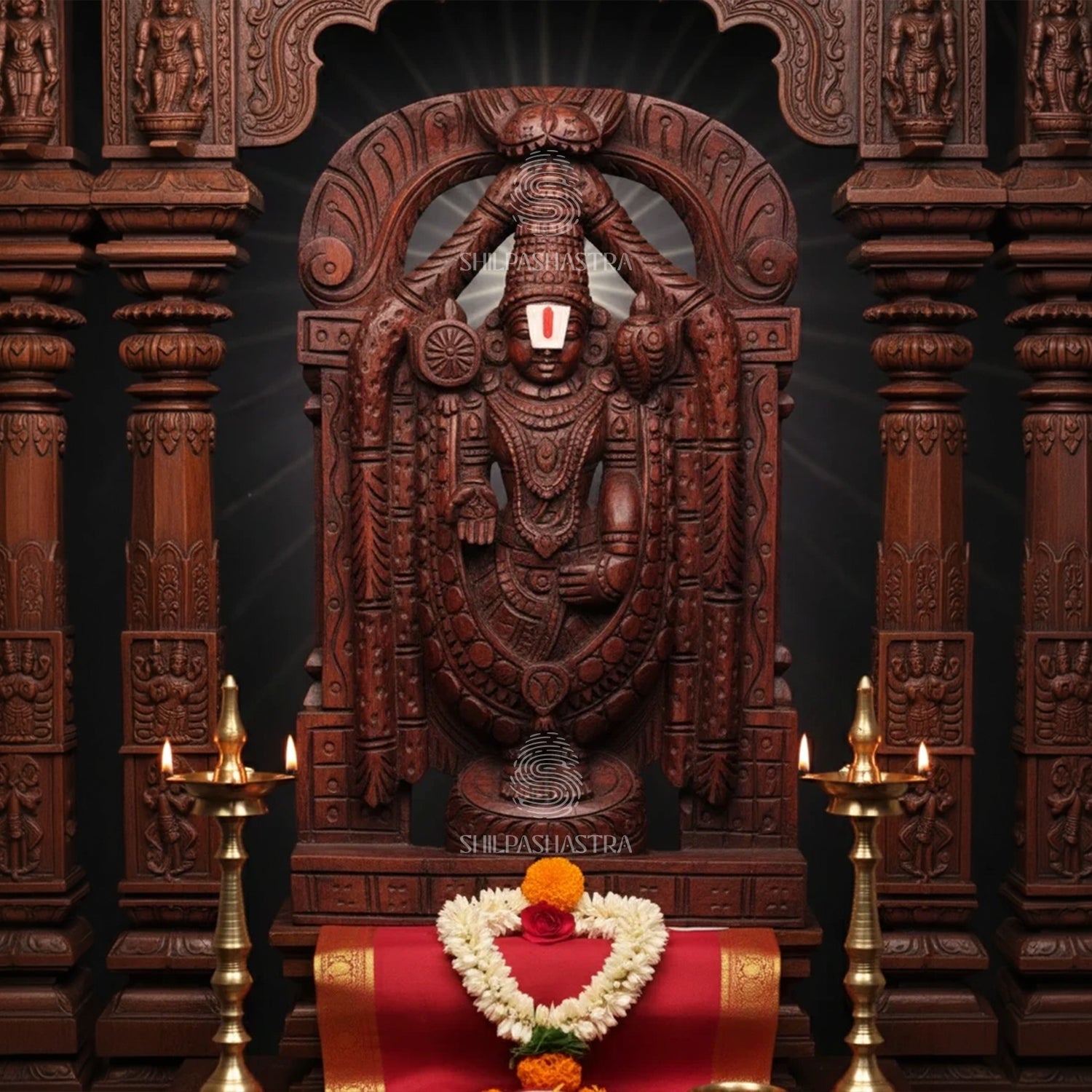Hand-carved 1 ft wooden Tirupati Balaji statue with rich detailing and a traditional finish