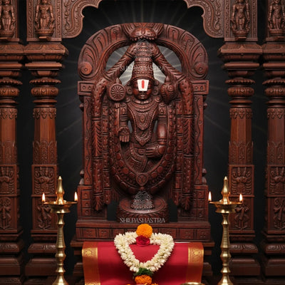 Hand-carved 1 ft wooden Tirupati Balaji statue with rich detailing and a traditional finish