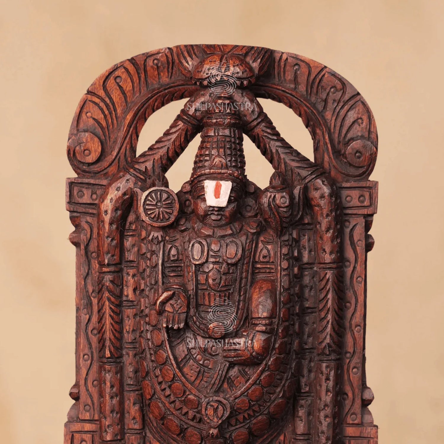 Hand-carved 1 ft wooden Tirupati Balaji statue with rich detailing and a traditional finish