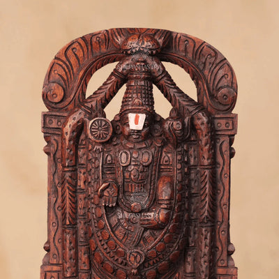 Hand-carved 1 ft wooden Tirupati Balaji statue with rich detailing and a traditional finish