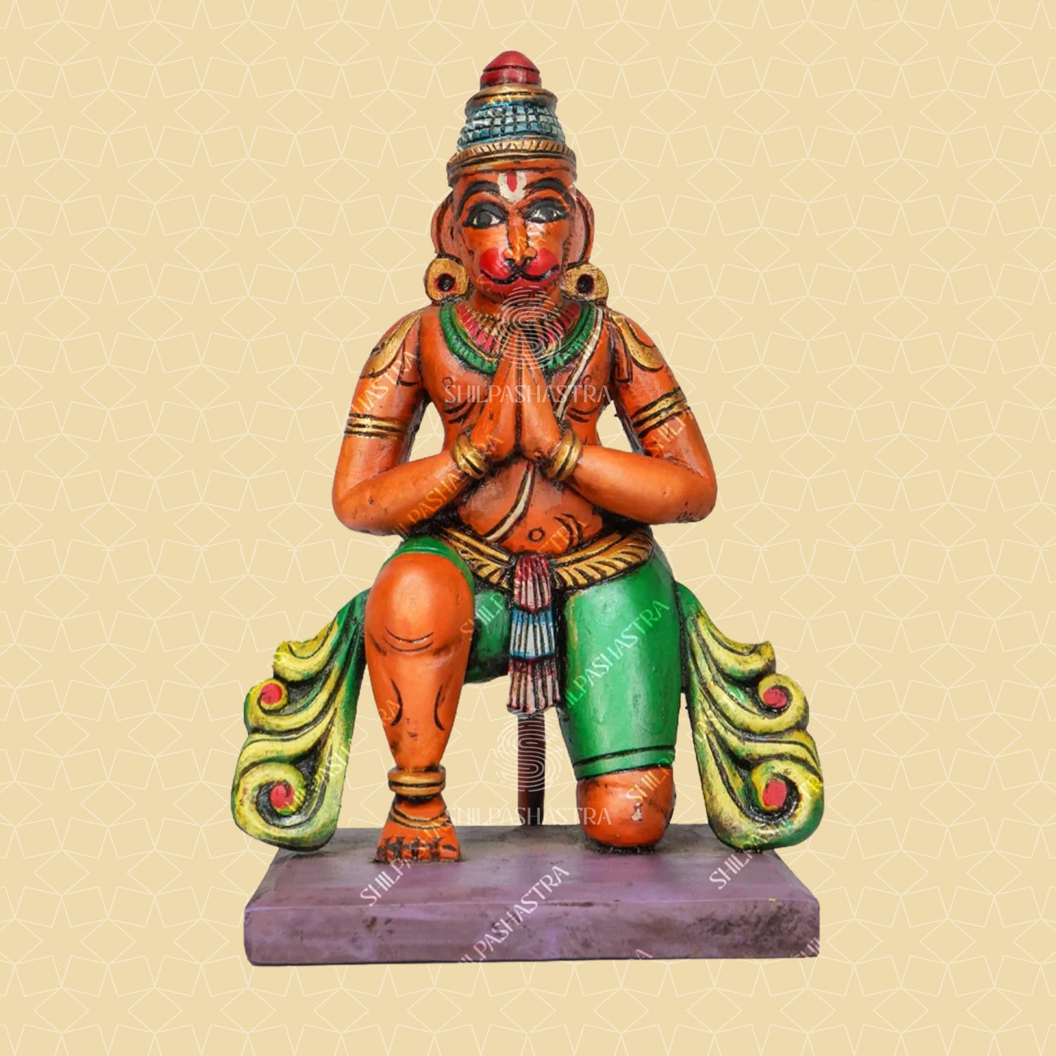 Kneeling Hanuman Handcrafted Wooden Idol