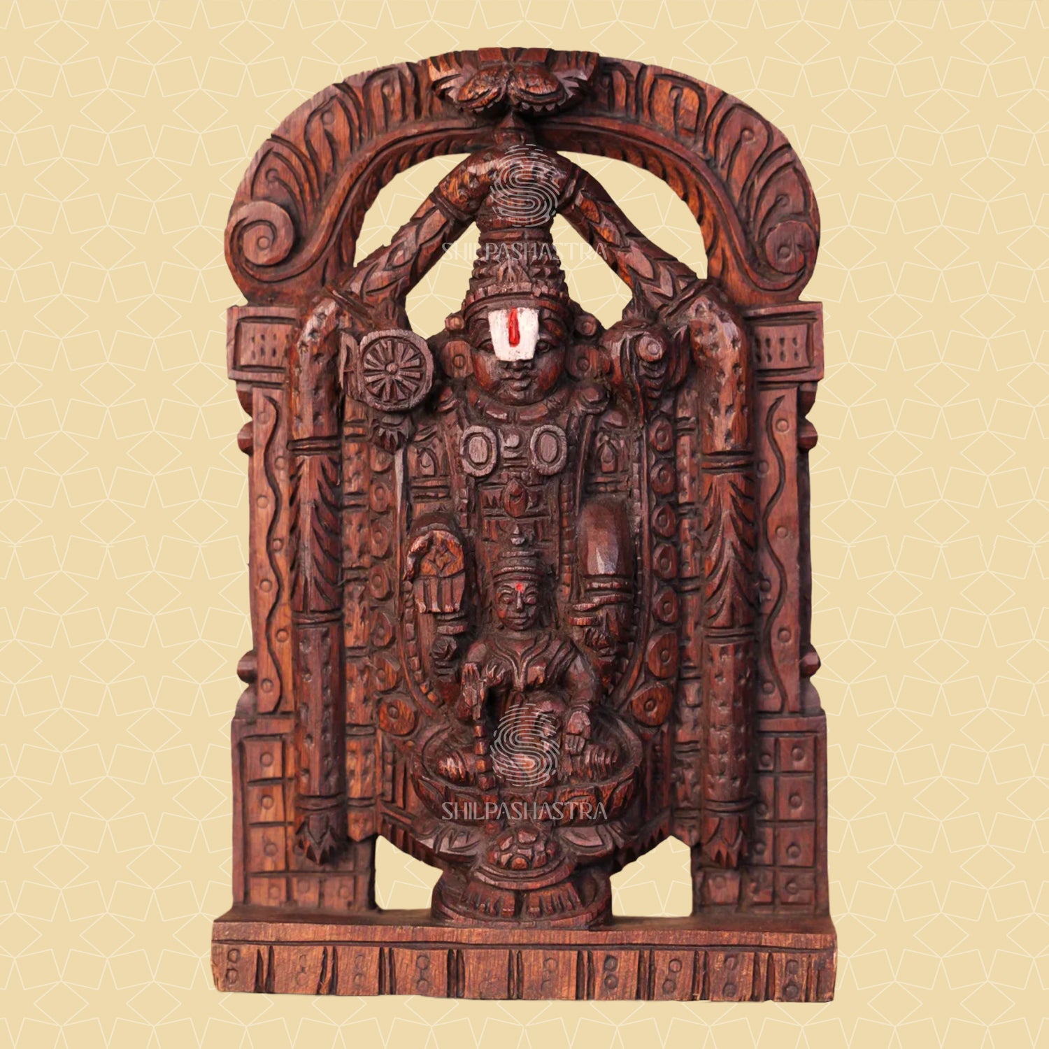 Beautifully crafted 1 ft wooden Tirupati Balaji with Lakshmi Idol