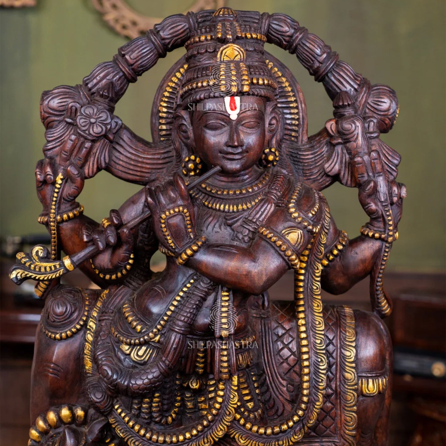 Handcrafted Wooden Krishna with Cow – Traditional South Indian Sculpture