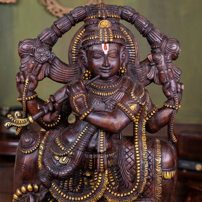 Handcrafted Wooden Krishna with Cow – Traditional South Indian Sculpture