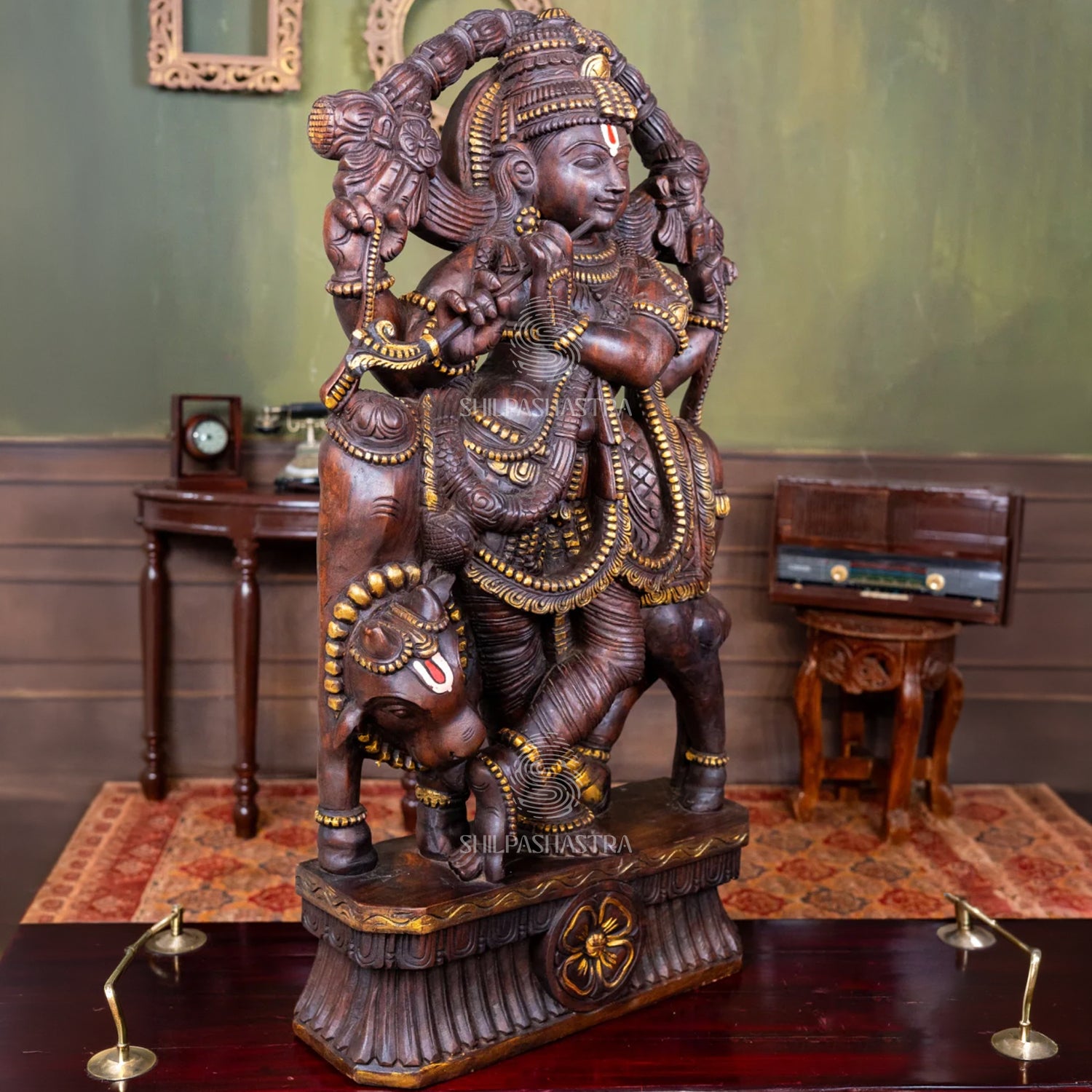 Handcrafted Wooden Krishna with Cow – Traditional South Indian Sculpture