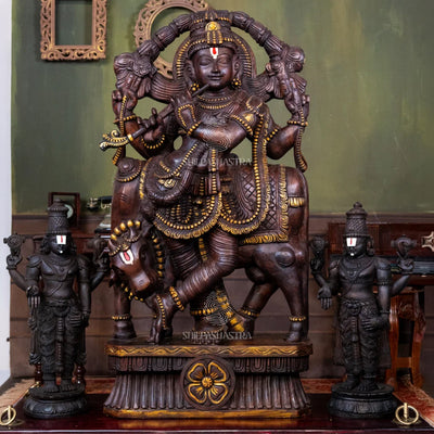Handcrafted Wooden Krishna with Cow – Traditional South Indian Sculpture