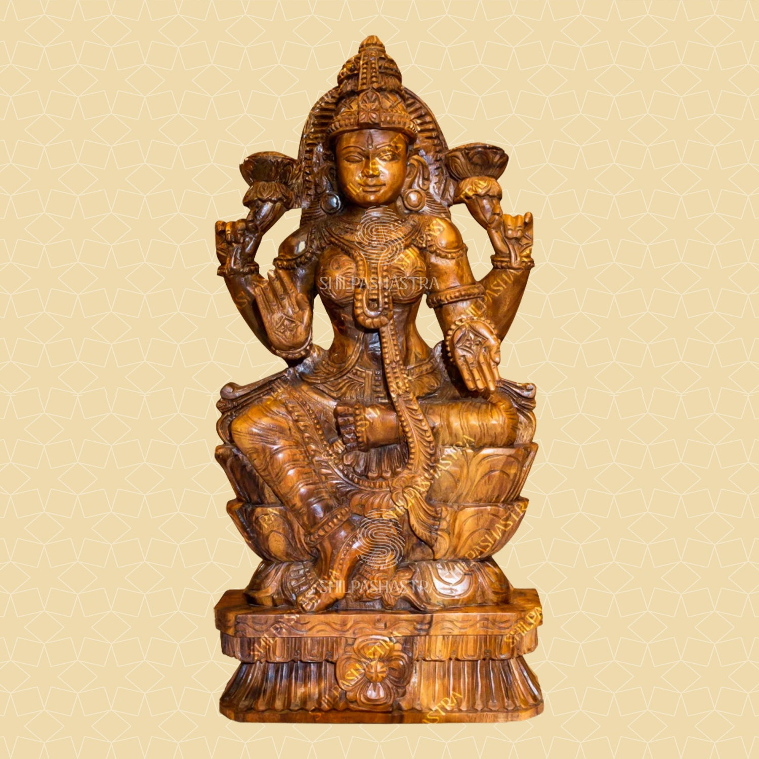 Lakshmi on 2 step Lotus Handcrafted Wooden Idol