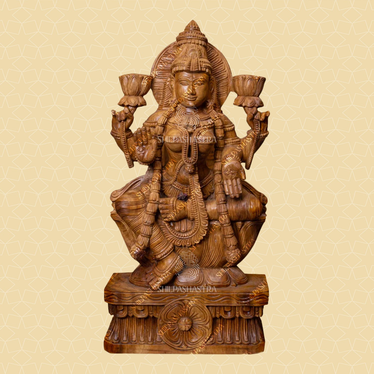 Lakshmi Sitting on Lotus Handcrafted Wooden Idol