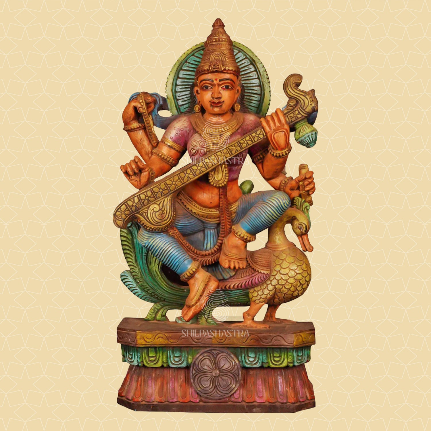 Saraswati on Swan Handcrafted Wooden Sculpture