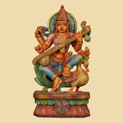 Saraswati on Swan Handcrafted Wooden Sculpture