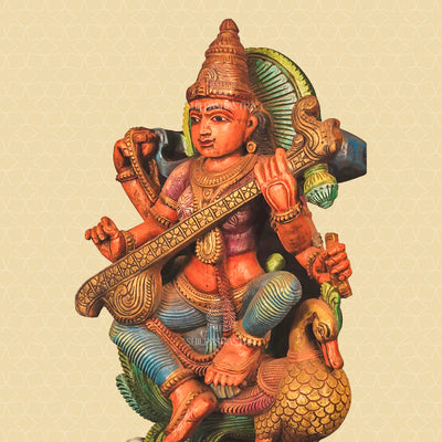 Saraswati on Swan Handcrafted Wooden Sculpture