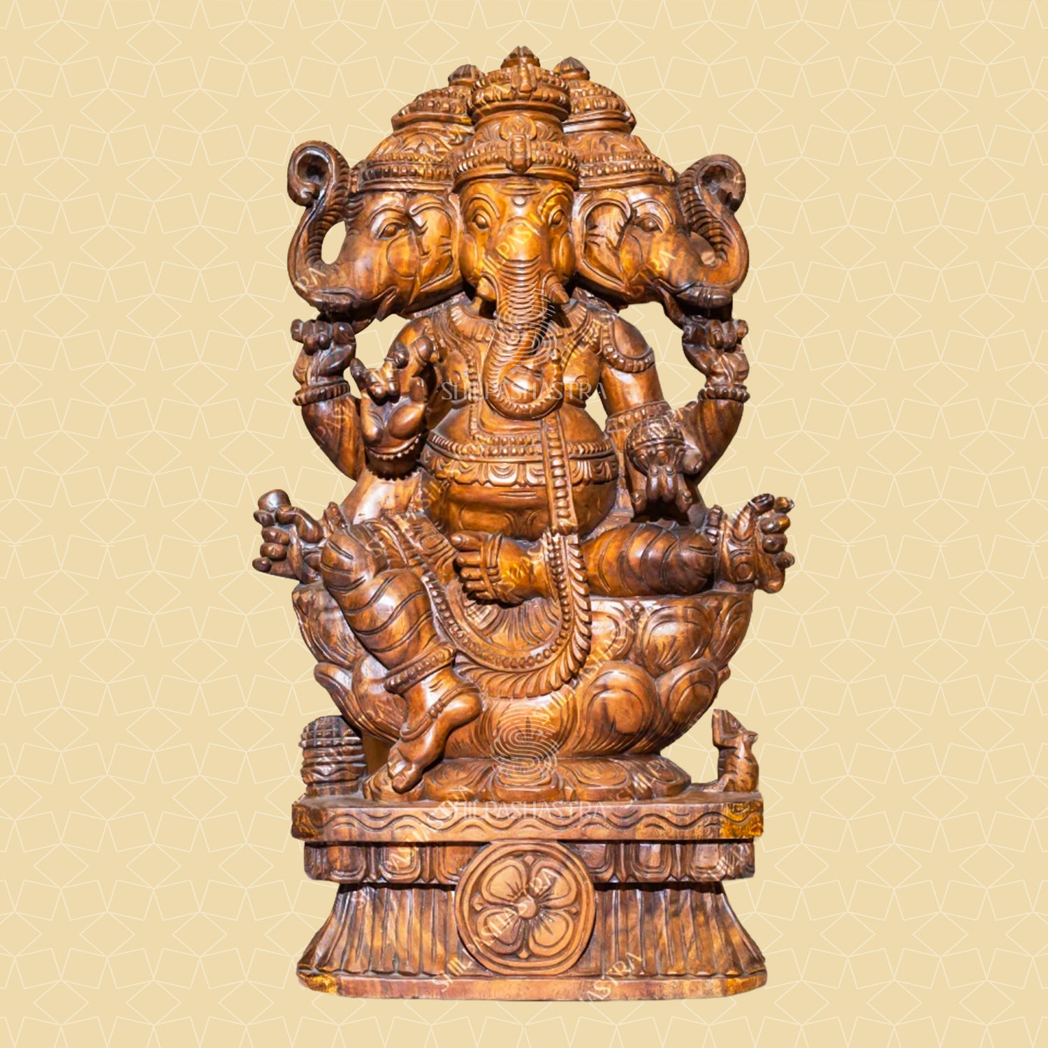 Three-headed Ganesha Handcrafted Wooden Idol