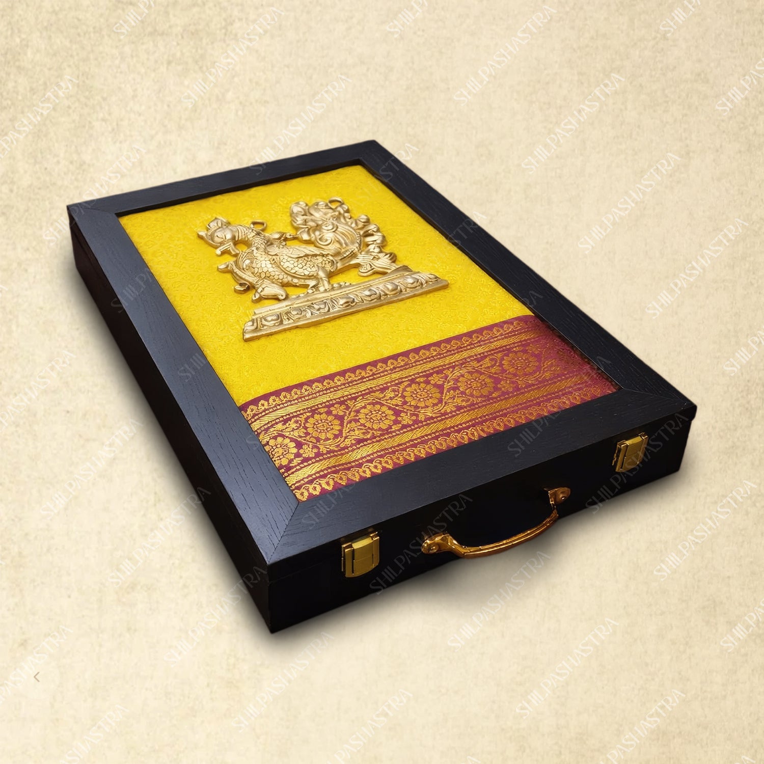 Handcrafted Annam Saree Box – Yellow Silk with Red Border | Bridal Wedding Gift Box