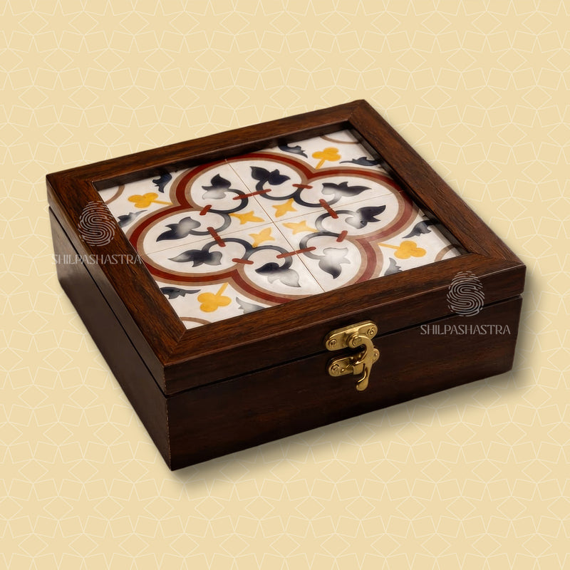6x6 Inch Jewel Box with Athangudi Tile Pattern – Traditional Storage & Gift Box