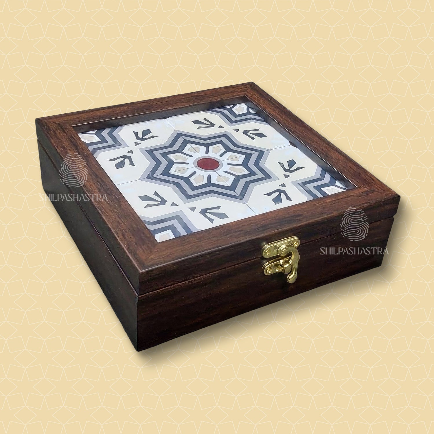 6x6 Inch Jewel Box with Athangudi Tile Pattern – Traditional Heritage Gift Box