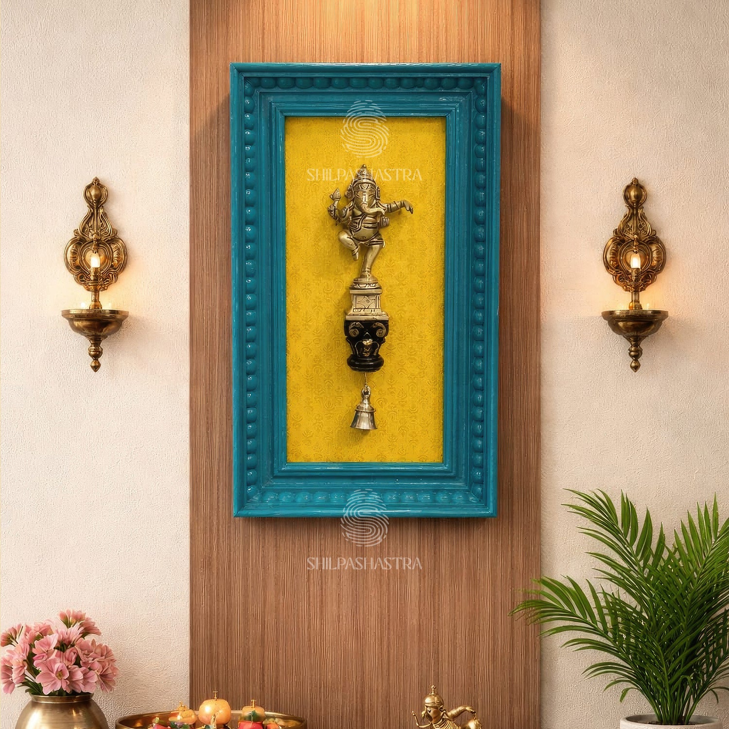 Dancing Ganesha Brass Idol Vintage Teakwood Frame – Traditional Wall Decor (14x6 Inch)
