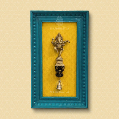 Dancing Ganesha Brass Idol Vintage Teakwood Frame – Traditional Wall Decor (14x6 Inch)