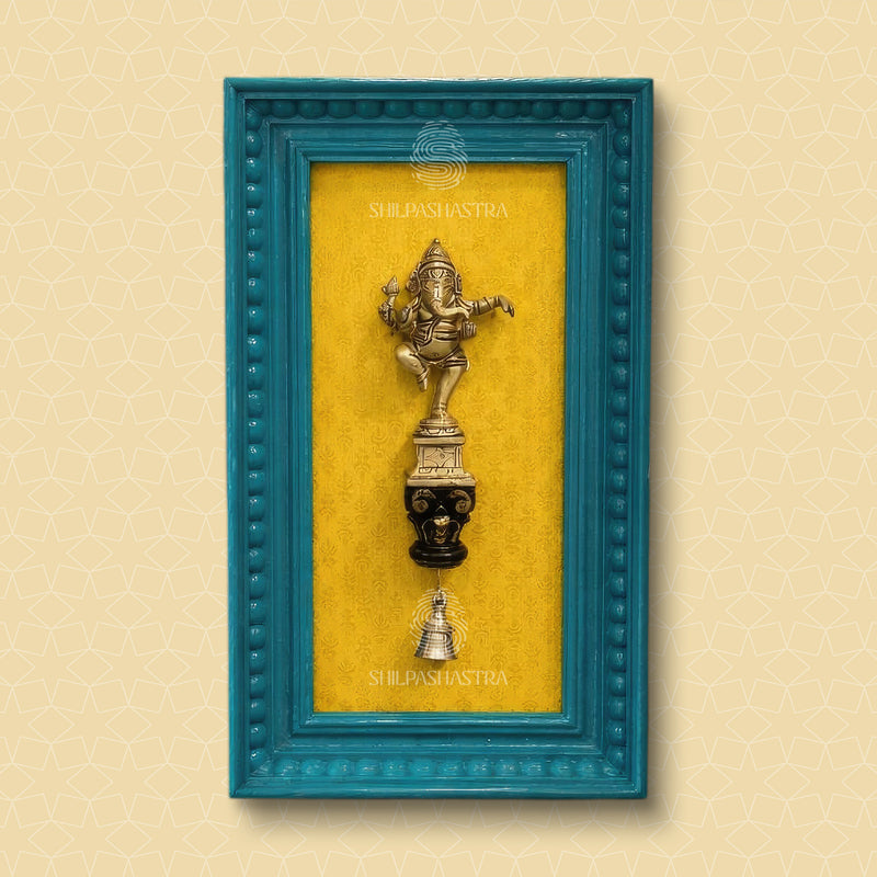 Dancing Ganesha Brass Idol Vintage Teakwood Frame – Traditional Wall Decor (14x6 Inch)