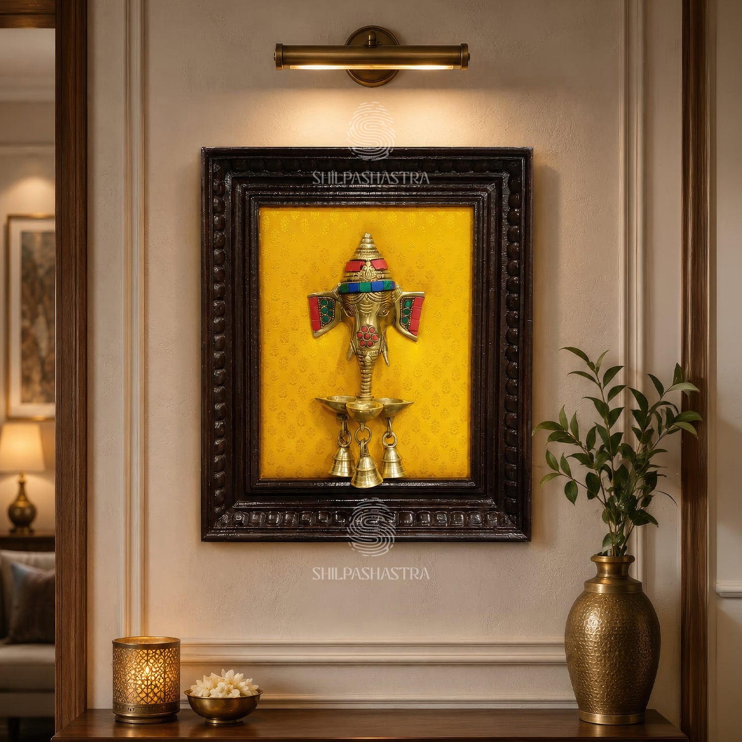 Ganesha Brass Idol Heritage Teakwood Frame – Traditional Wall Decor (10x8 Inch)