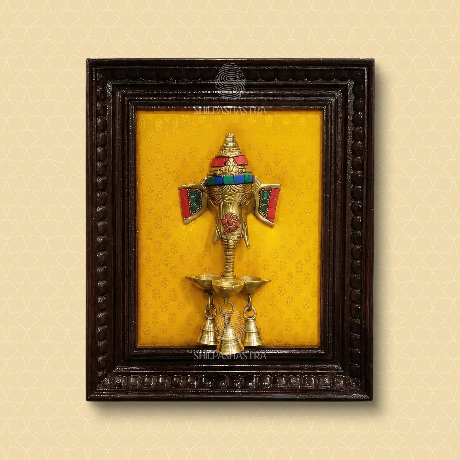 Ganesha Brass Idol Heritage Teakwood Frame – Traditional Wall Decor (10x8 Inch)