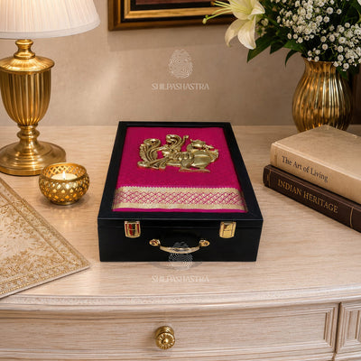 Premium Brass Annam Saree & Veshti Double Box – Magenta with Dark Pink Zari (14 × 9 × 2.75 Inches)