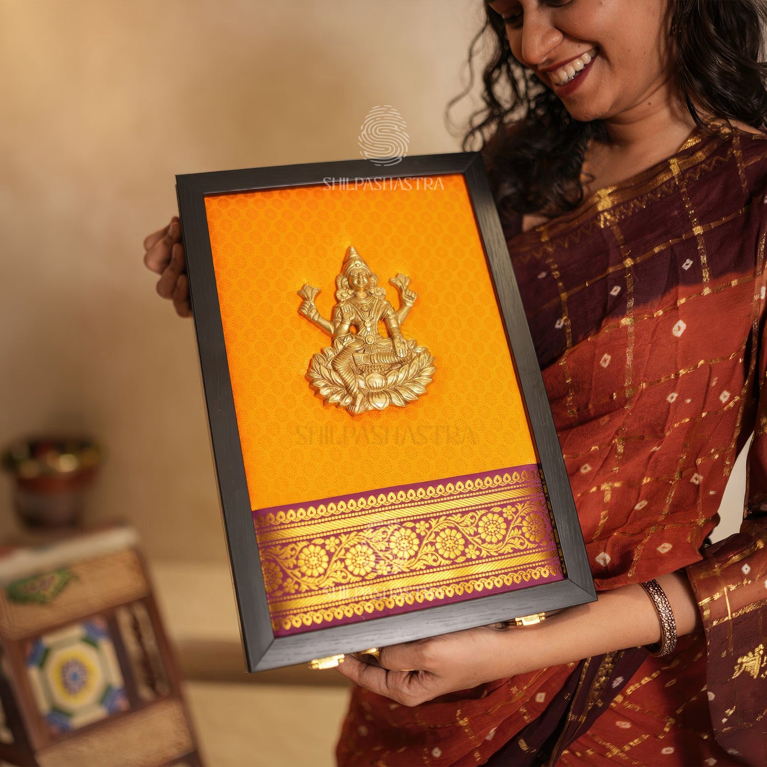 Premium Brass Lakshmi Wedding Saree Box – Yellow Brocade with Maroon Zari Border