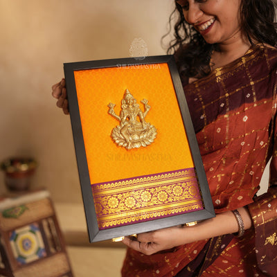 Premium Brass Lakshmi Wedding Saree Box – Yellow Brocade with Maroon Zari Border