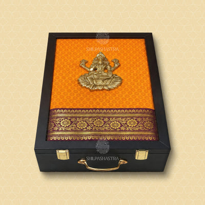 Premium Brass Annam Saree & Veshti Double Box – Orange with Maroon Zari (14 × 9 × 2.75 Inches)
