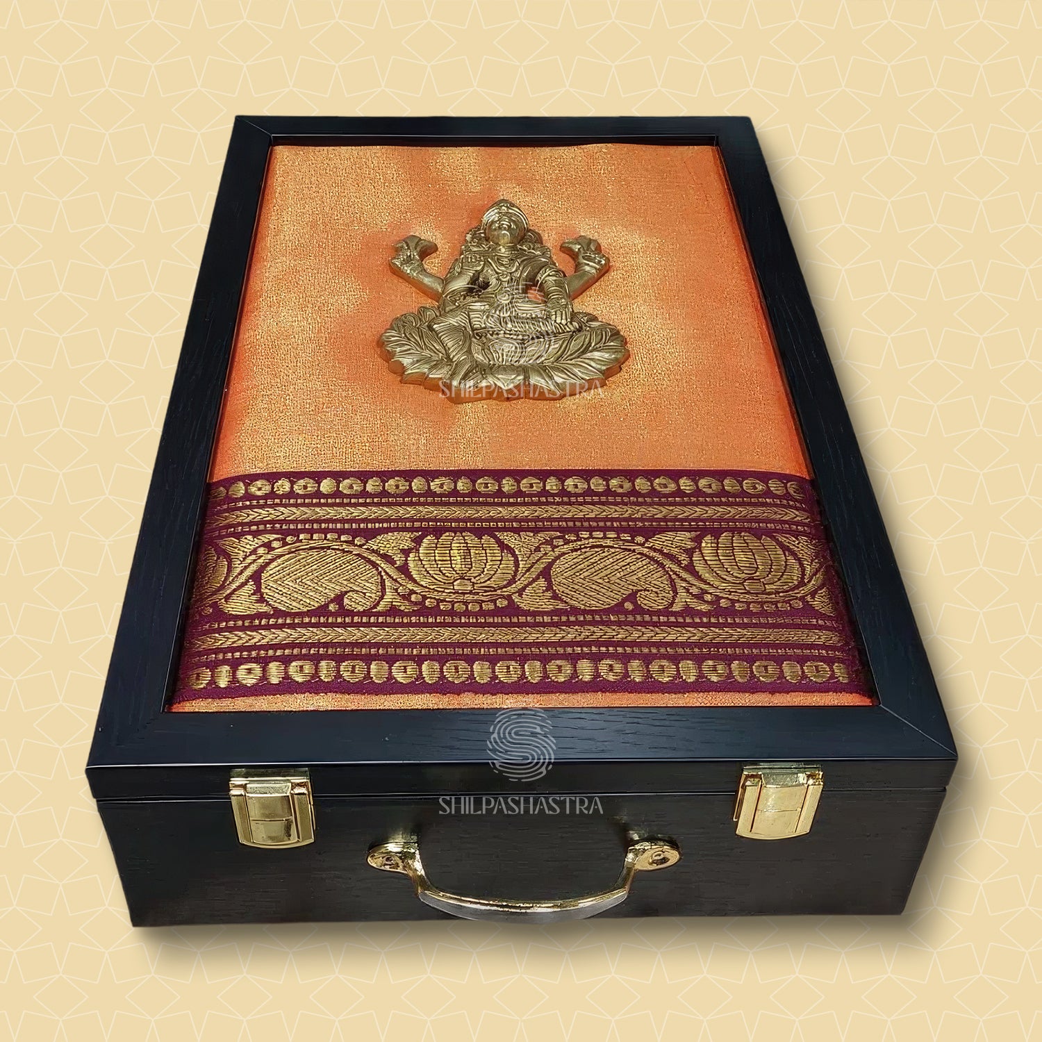 Premium Brass Lakshmi Wedding Saree Box – Yellow Brocade with Maroon Zari Border