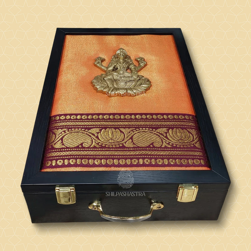 Premium Brass Lakshmi Wedding Saree Box – Yellow Brocade with Maroon Zari Border