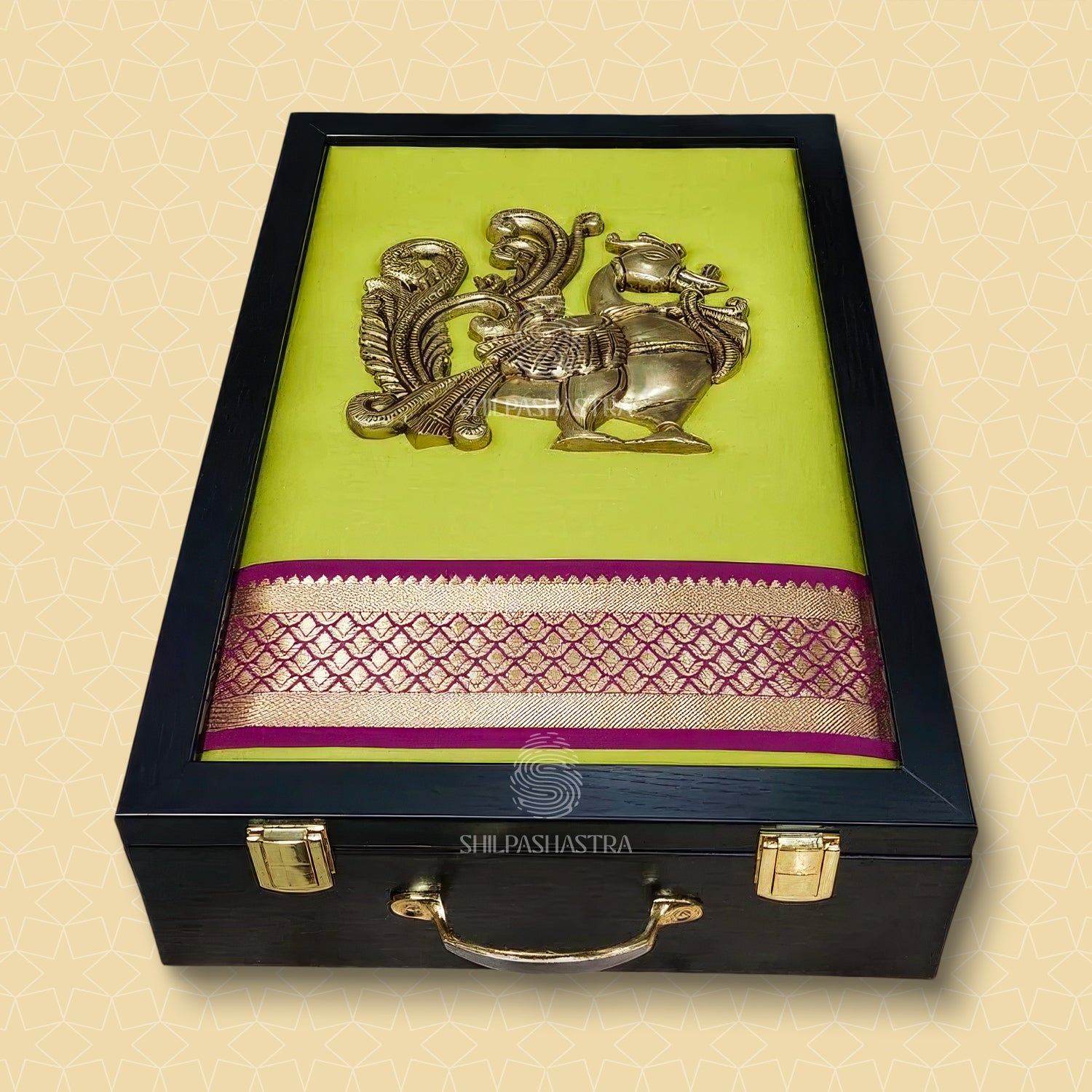 Premium Brass Annam Saree & Veshti Double Box – Apple Green with Dark Pink Zari (14 × 9 × 2.75 Inches)